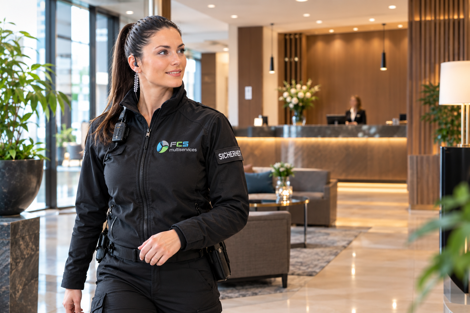 Sicherheitsmitarbeiter von FCS Multiservices in einer Hotellobby