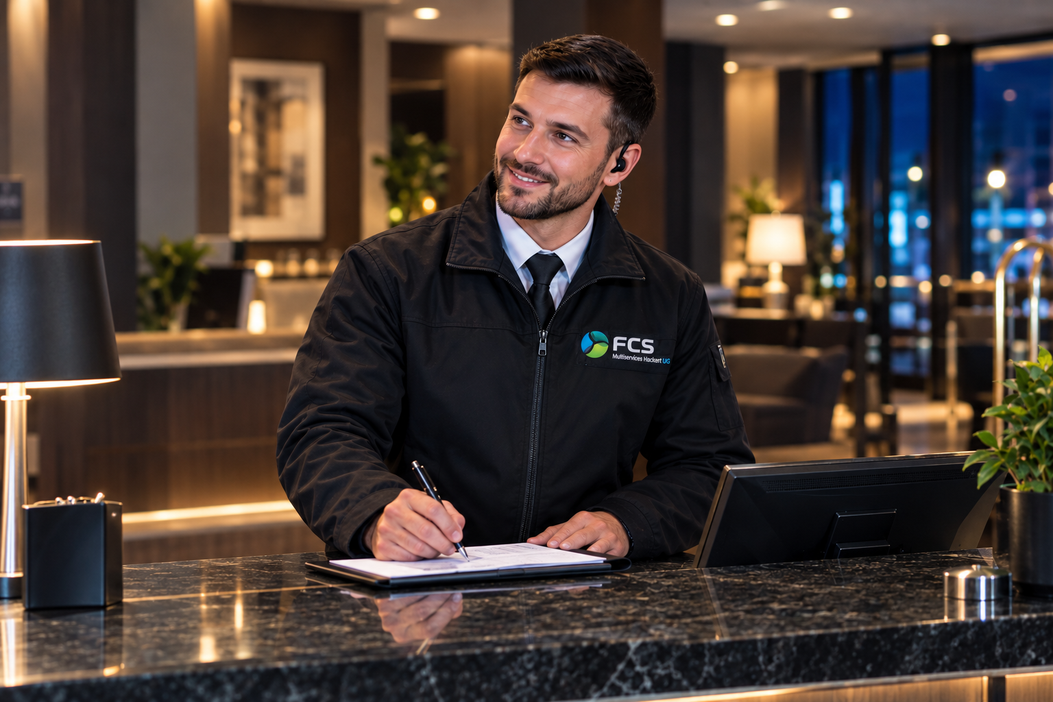 Nachtportier an der Rezeption eines Hotels bei Nacht