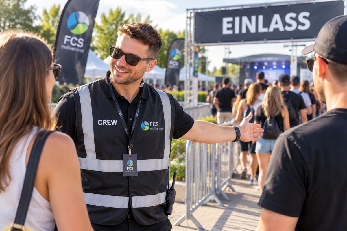 Eventpersonal lenkt Besucher auf einer Veranstaltung