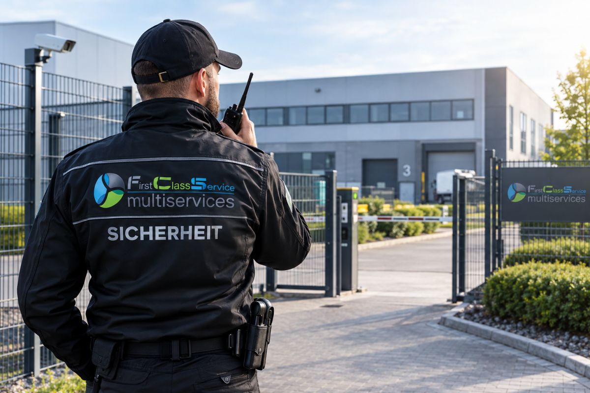 Sicherheitsmitarbeiter sichert ein Firmengelände in Köln