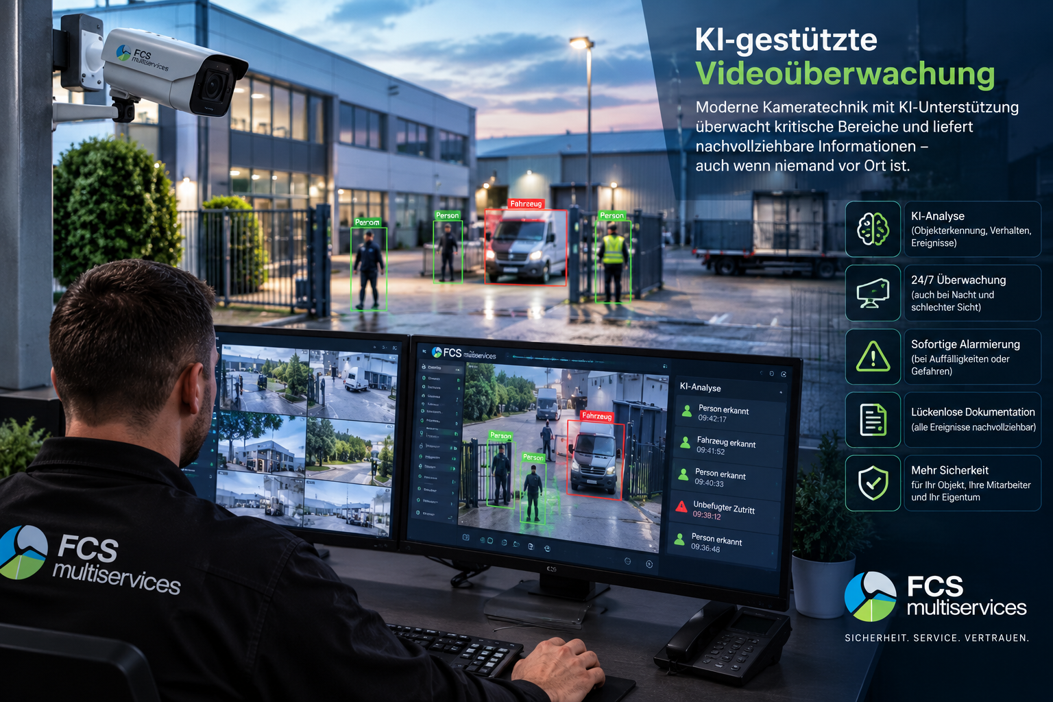 KI-gestützte Videoüberwachung an einem Firmengebäude
