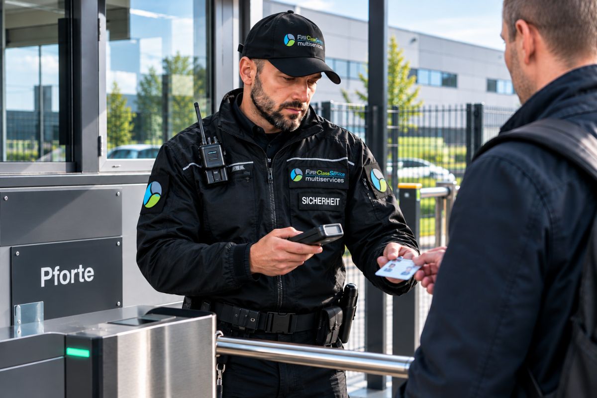 Sicherheitsmitarbeiter an der Zugangskontrolle in Köln